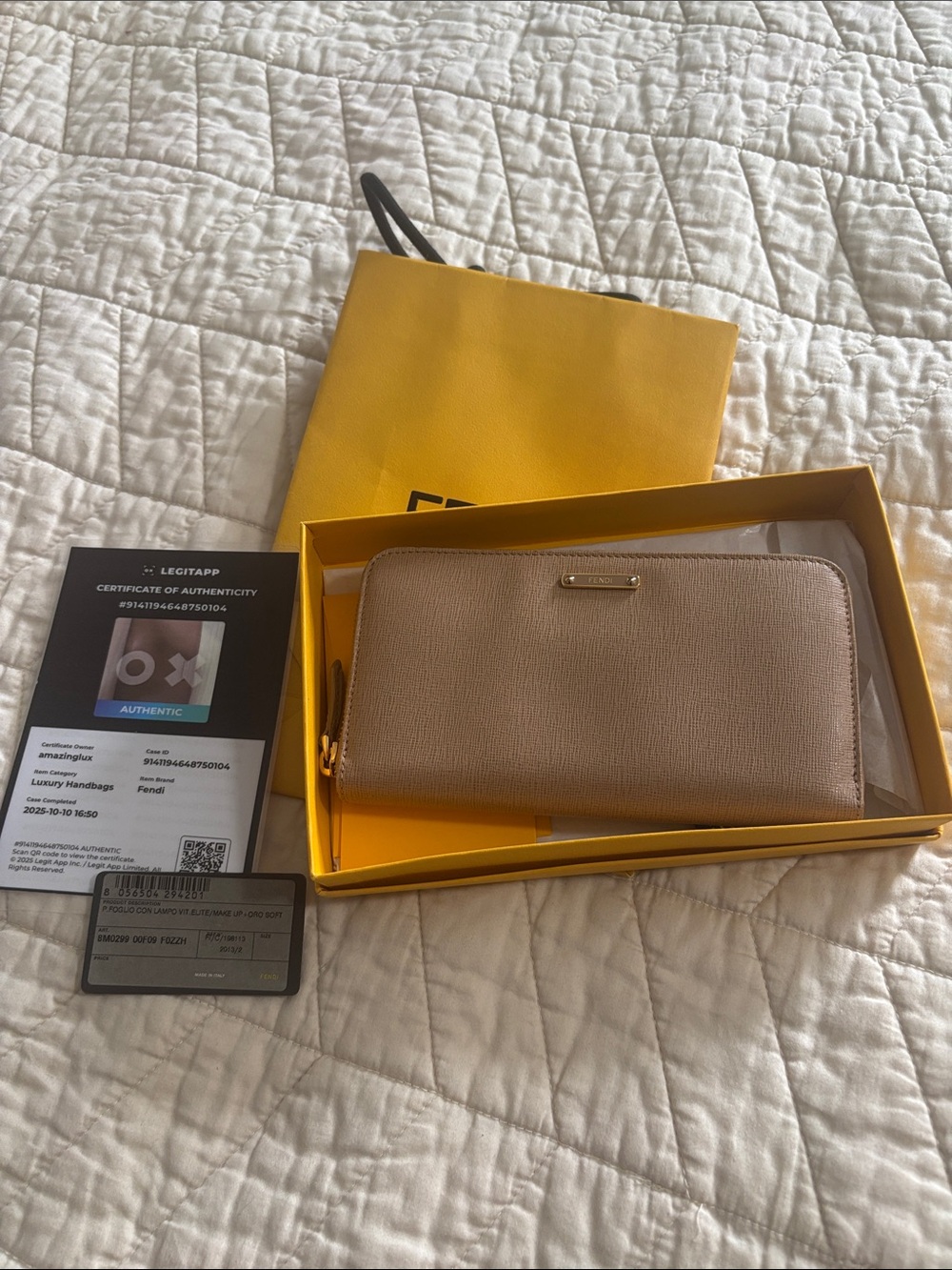 Fendi Taupe Zip-Around Leather Wallet with Gold Hardware